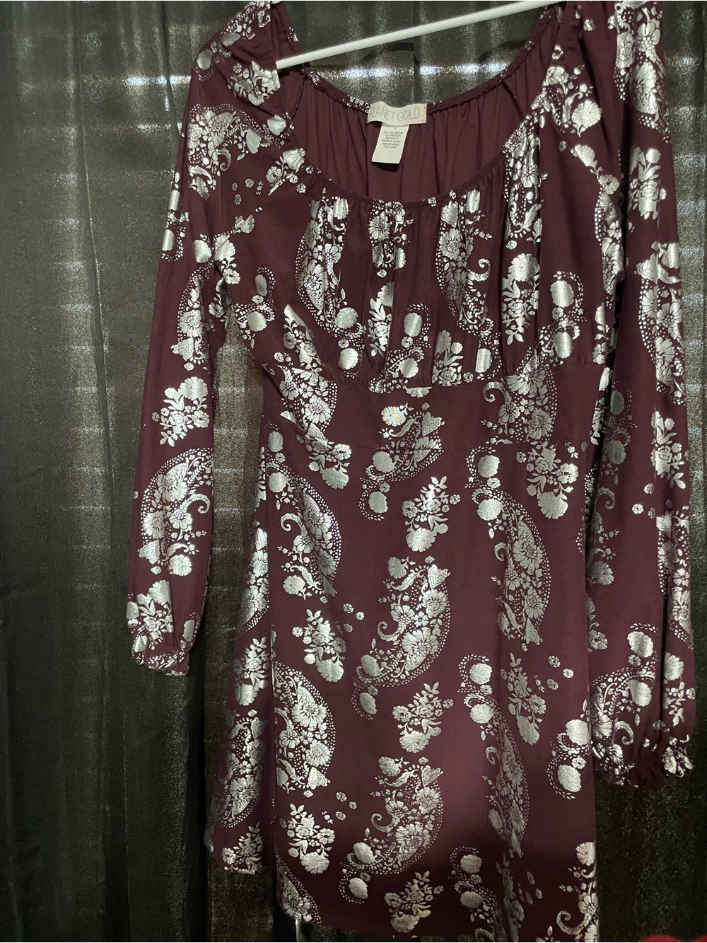 Planet Gold Burgundy Dress with Silver Paisley Print